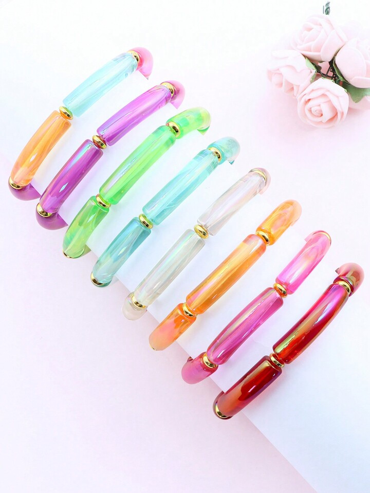 1pc Transparent Curved Tube Shaped Beaded Stretch Bracelet For Women | SHEIN