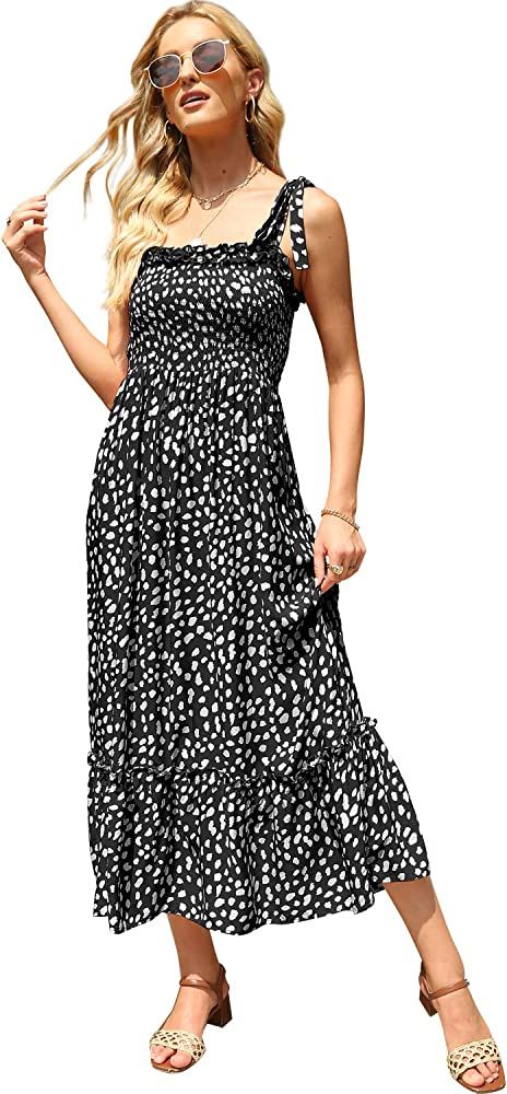 Women's Summer Tie Straps Casual Sleeveless Irregular Polka Dot Ruffles Midi Dress | Amazon (US)