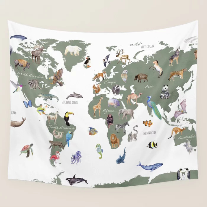 Animal World Map - Army green Wall Tapestry | Society6