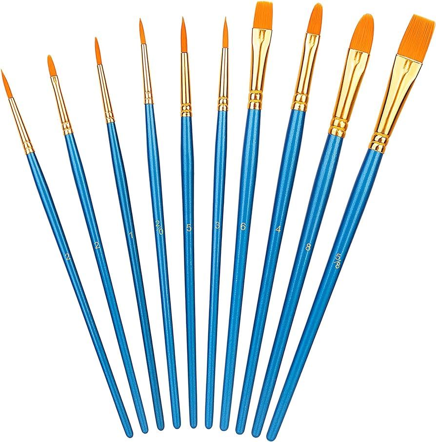 Amazon Basics PBT Paint Brushes for Acrylic, Oil, Watercolor, 10 Different Sizes Brush Set, Blue | Amazon (US)
