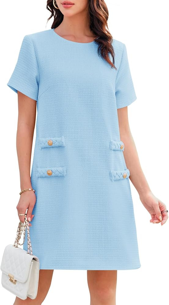 Wenrine Women's Tweed Mini Dress Short Sleeve Crew Neck Work Office Elagant Formal Summer A Line ... | Amazon (US)