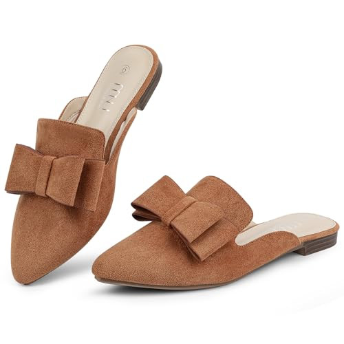 MUSSHOE Mules for Women Comfortable Pointed Toe Backless Slip-on Slides Loafer Flats with Bowknot,Tan 10.5 | Amazon (US)
