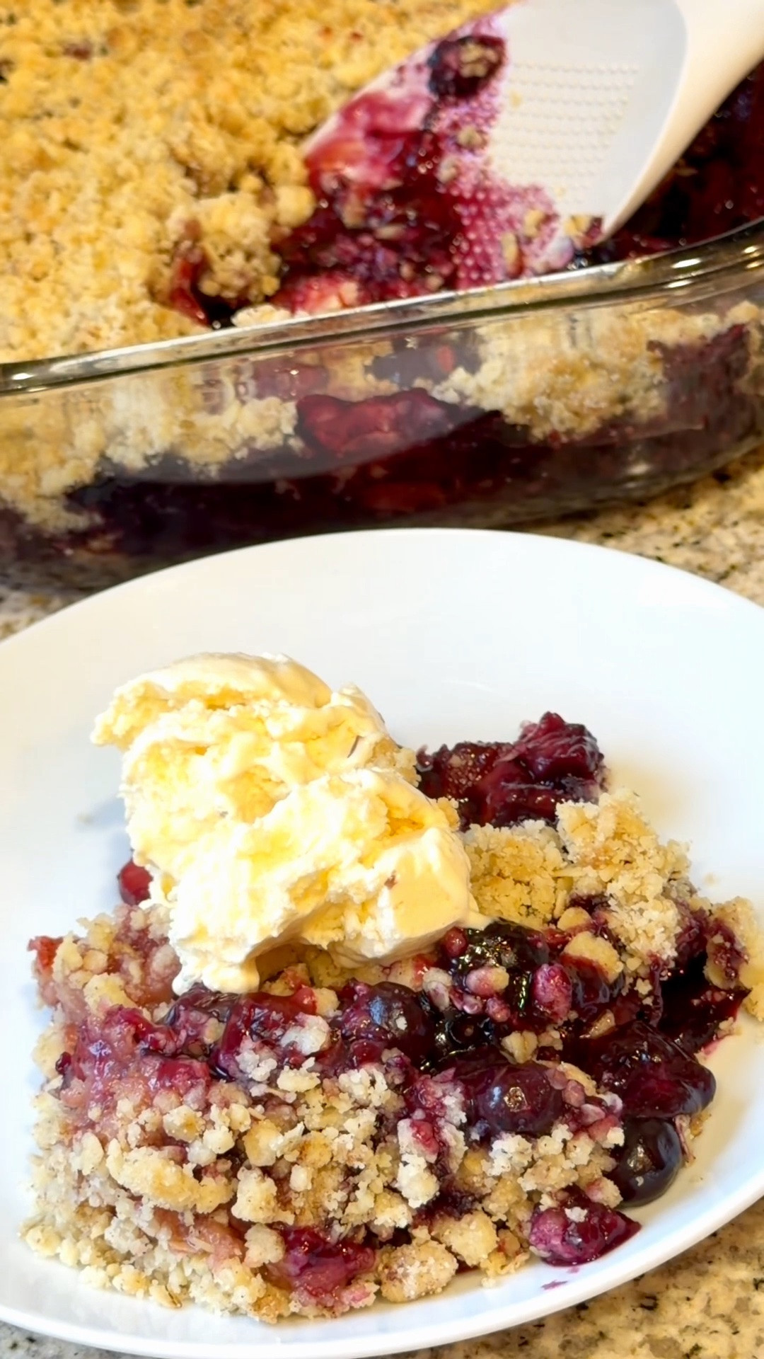 🍓🫐 SAVE THIS for those end-of-summer berries!

If you have strawberries and blueberries sitting in the fridge that need to be used up, don’t let them go to waste—make this easy Strawberry Blueberry Crumble. 🤍 It’s warm, buttery, bubbly and SO good with vanilla ice cream melting over the top.

🍓 STRAWBERRY BLUEBERRY CRUMBLE

For the berries:
• Strawberries, sliced + blueberries (about 4 cups total)
• 2–4 tbsp sugar
• 1 tbsp cornstarch or flour
• Splash of vanilla
• Squeeze of lemon

For the crumble:
• 1 cup flour
• ½ cup brown sugar
• ½ cup oats (optional)
• ½ cup softened or melted butter
• Pinch of salt
• Sprinkle of cinnamon (optional)

Toss the berries with the sugar, cornstarch, vanilla and lemon and spread into an 8×8 baking dish.

Mix the crumble ingredients until crumbly and sprinkle all over the berries. Bake at 350°F for 35–40 minutes, until golden and bubbly.

Serve it WARM with a big scoop of vanilla ice cream. 🍨 Trust me. 😂

🛍️ SHOP NOW for some of my favorite kitchen items I used to make this! And SAVE this recipe for the next time you have berries that need to be used up. ❤️

#EasyDessert #SummerRecipes #BerryCrumble #EasyRecipes #HomeBaking