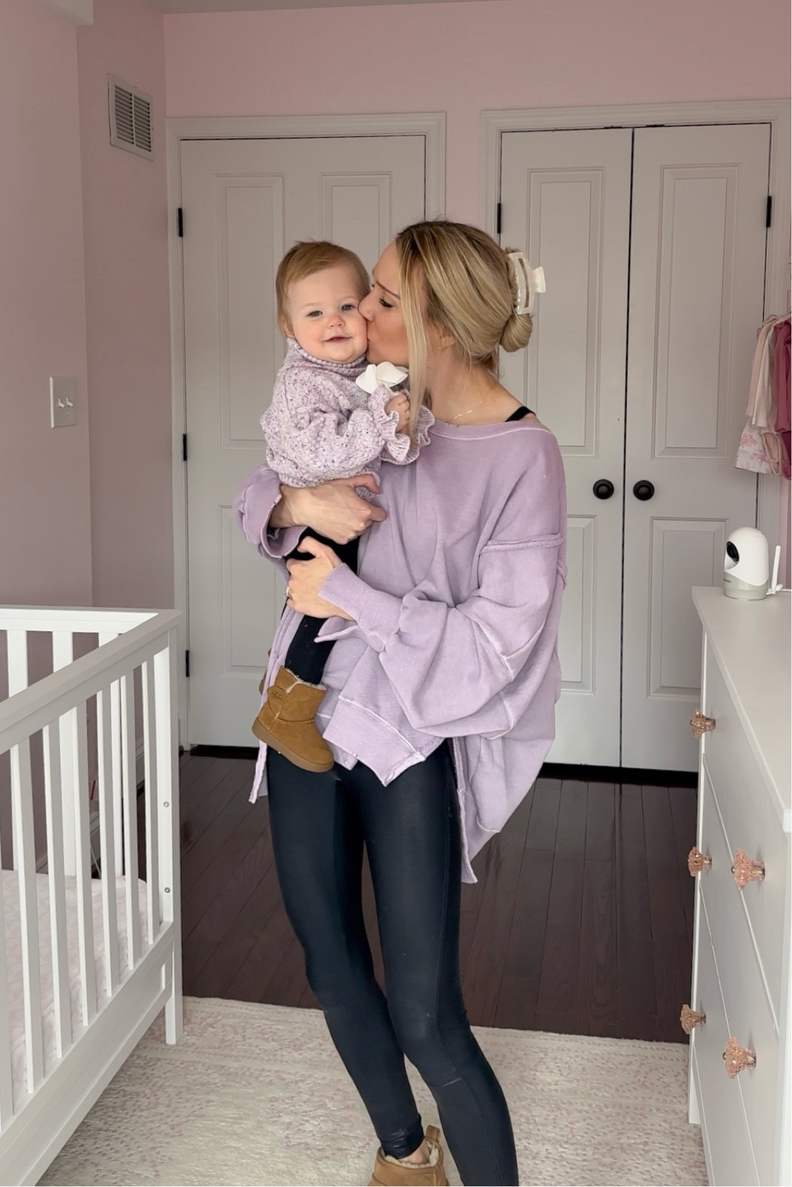 Mommy and me matching outfits / mom and baby girl / purple sweater size xs runs oversized / spanx leggings size xs / baby girl sweater size 12-18m she is 12m / black old navy baby girl ruffle leggings size 12-18m / baby ugg boots sale size 2/3