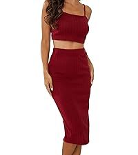 Women 2 Piece Ribbed Knit Midi Skirt With Cami Slit Bodycon Skirt Set Party Night Out Cocktail Su... | Amazon (US)