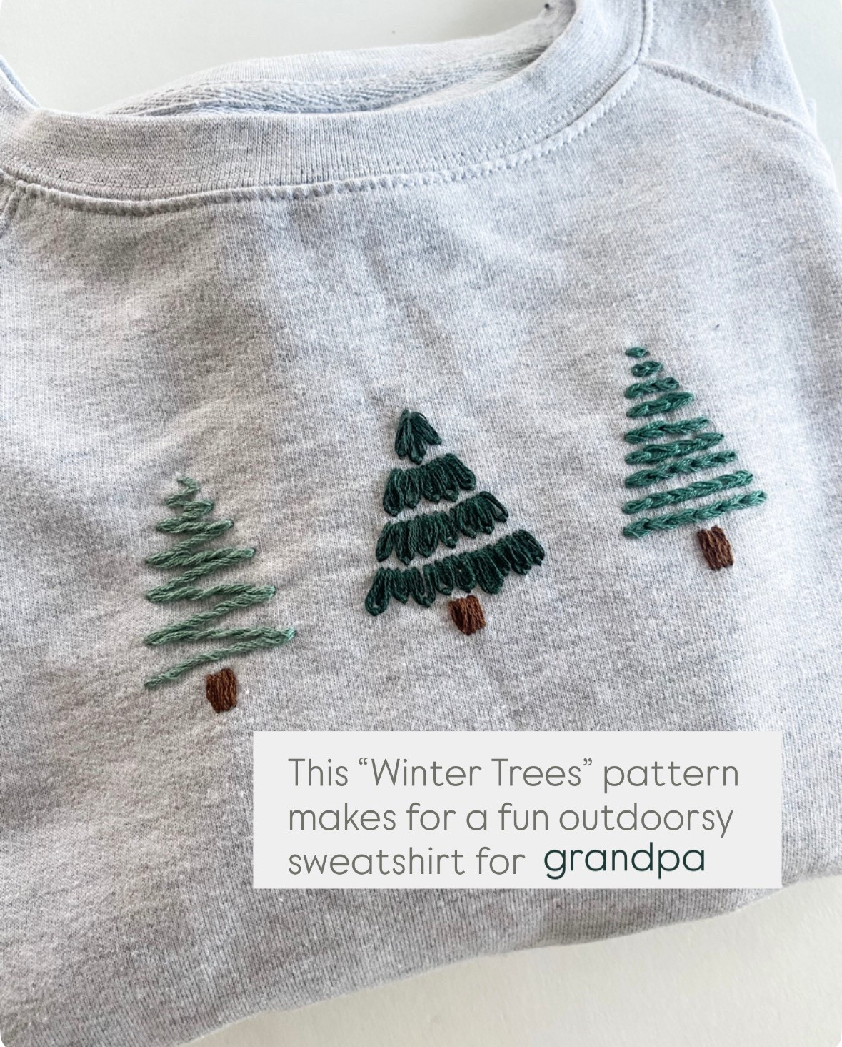 Hand embroidered pine trees on a sweatshirt for men