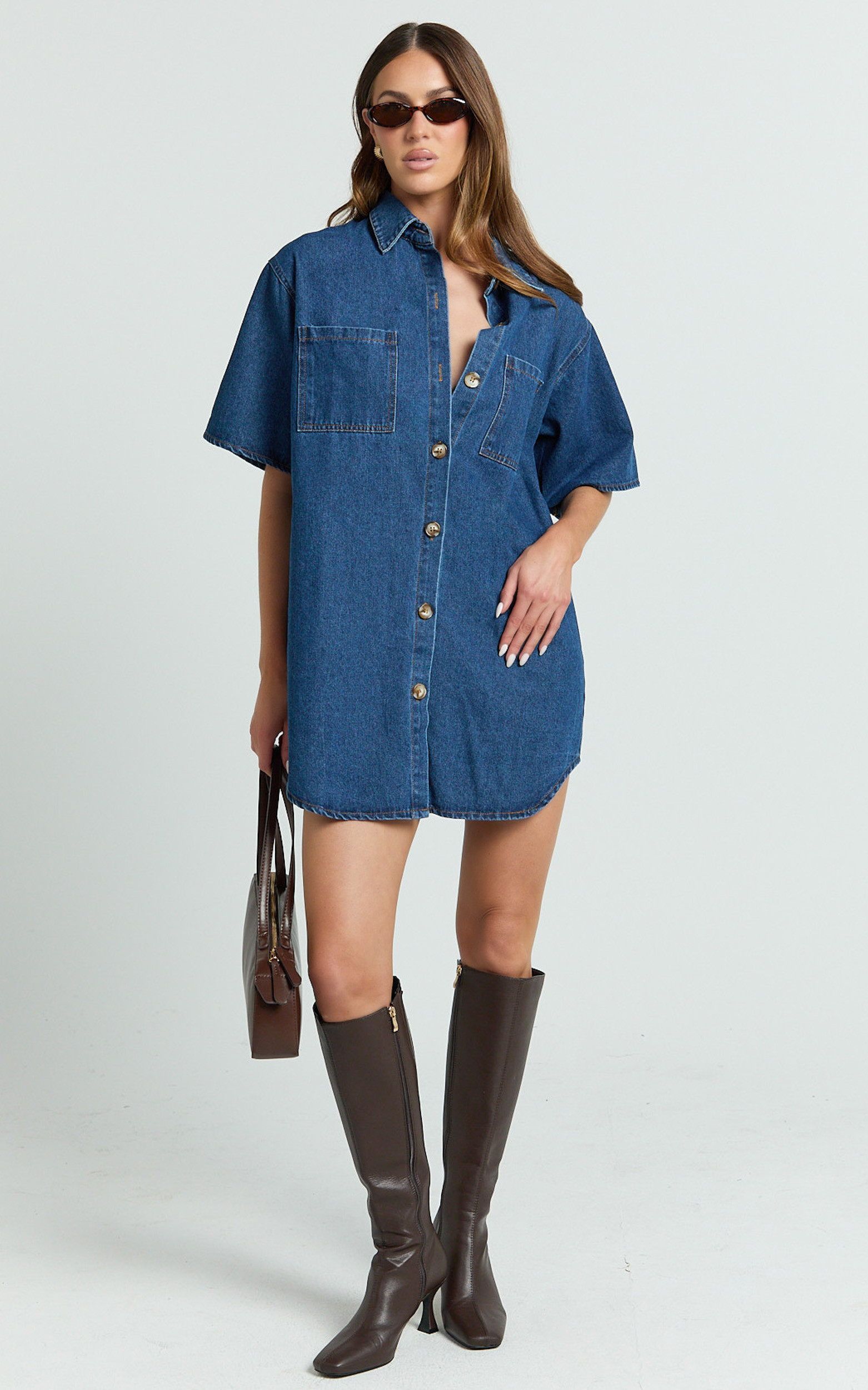 Richelle Mini Dress - Short Sleeve Denim Shirt Dress in Mid Blue | Showpo (ANZ)