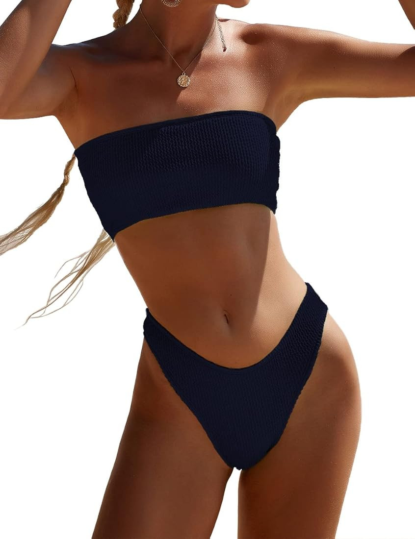 YIMISAN Women's Two Piece Bandeau Swimsuit Ribbed Strapless Tube Bikini Top with Mid Waist Cheeky... | Amazon (CA)