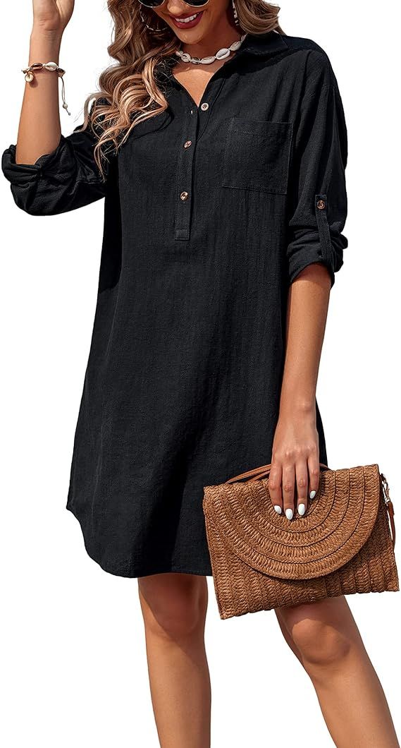 Zeagoo Women's Cotton Shirt Dress Button Down Long Sleeve Linen Shirts Casual Fall Dress Oversize... | Amazon (US)