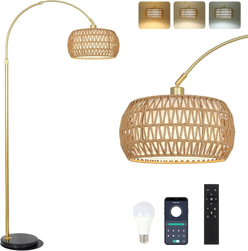 Gold Floor Lamps for Living Room, Arc Floor Lamp with Remote & Dimmable Bulb, Boho Rattan Standin... | Amazon (US)