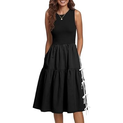 Fisoew Womens Sleeveless Midi Dress Summer Ribbed Knit Patchwork Self-tie Bow Loose A… | Amazon (US)