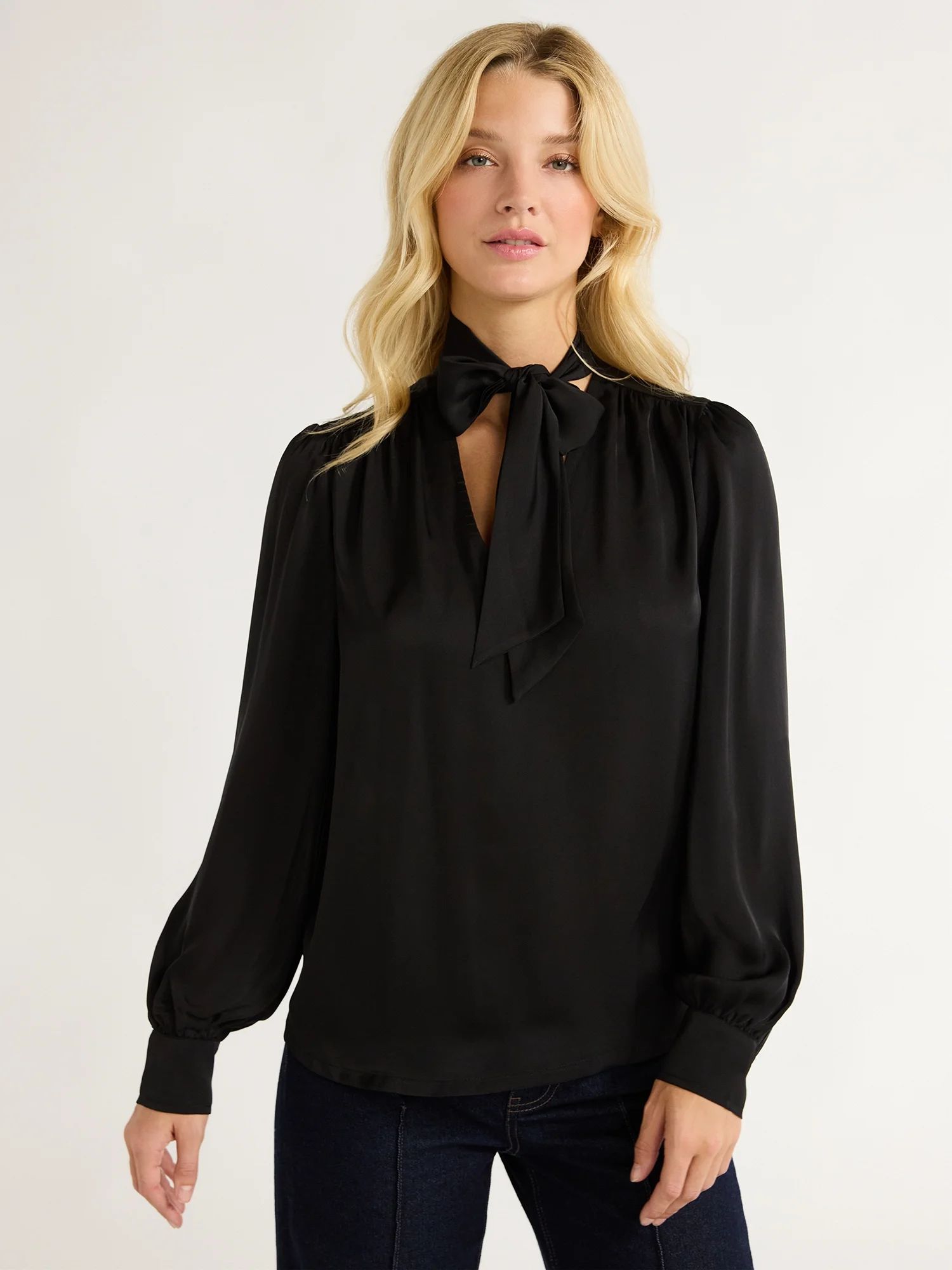 Free Assembly Women’s Bow Tie Blouse with Long Sleeves, Sizes XS-XXL - Walmart.com | Walmart (US)