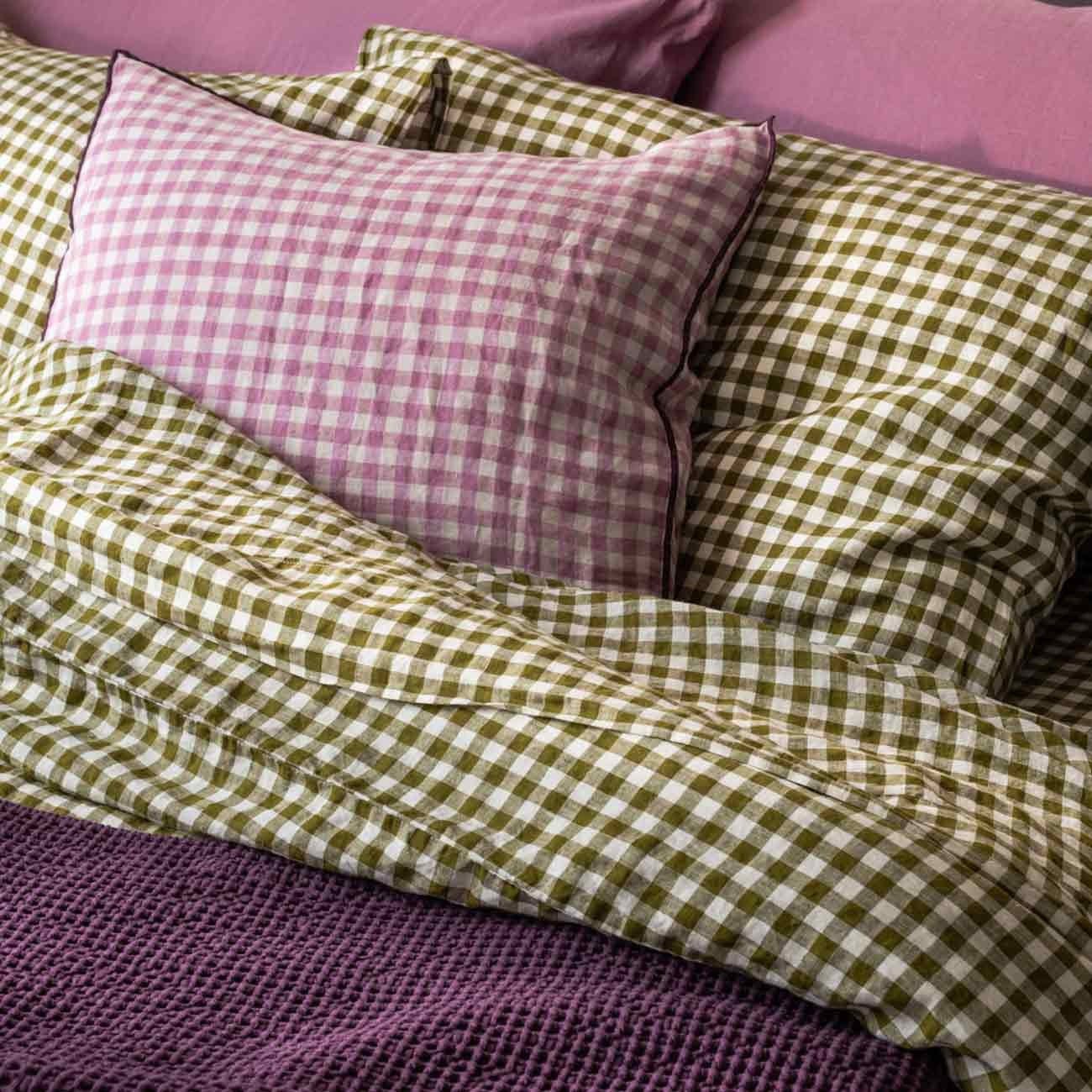 Botanical Green Gingham Linen Flat Sheet | Piglet