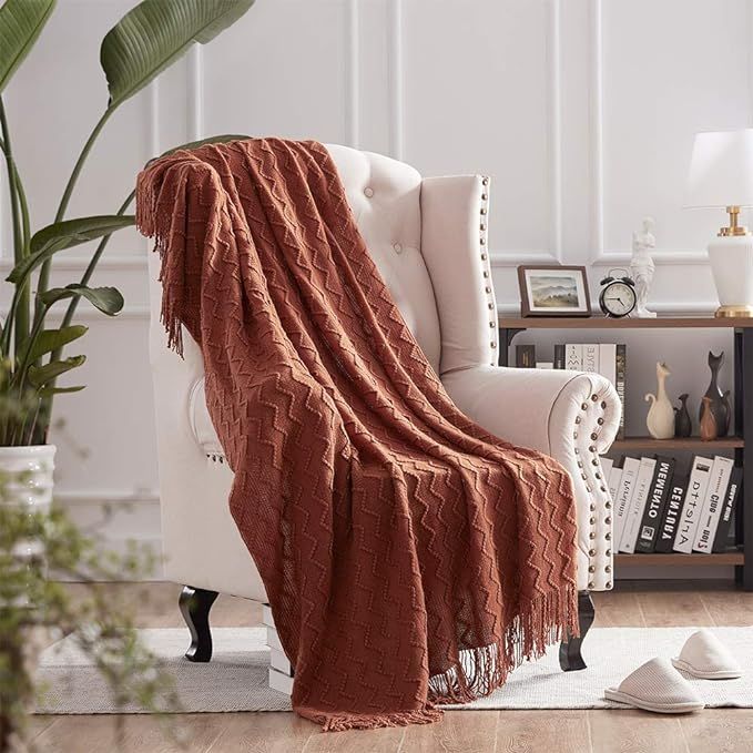 NexHome Throw Blankets for Couch Rust Decorative Knit Blanket with Tassel Soft Lightweight Zigzag... | Amazon (US)