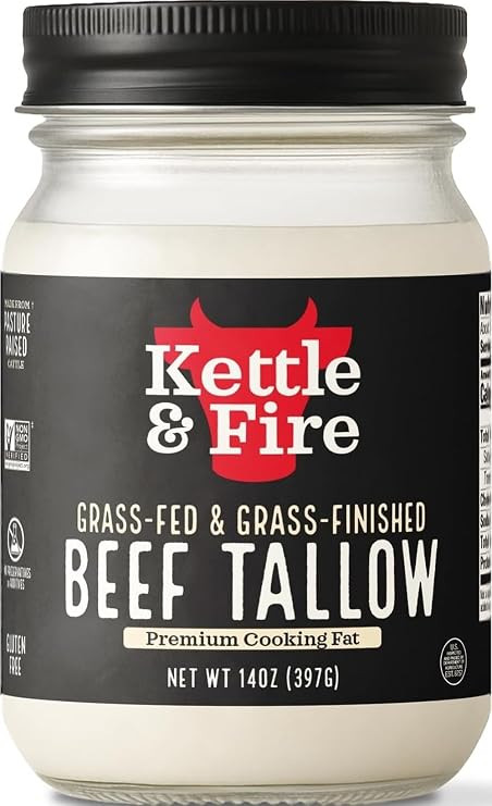 Kettle & Fire Beef Tallow for Cooking | 14oz Glass Jar | Premium Cooking Fat | 100% Grass-Fed & F... | Amazon (US)