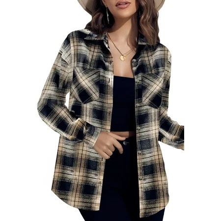 UVN Plaid Shirt for Women Oversized Flannel Long Sleeve Shirts Casual Button Down Blouse Tops with Pockets | Walmart (US)