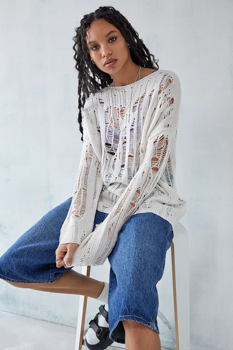 UO Hailey Distressed Laddered Boyfriend Jumper | Urban Outfitters (US and RoW)