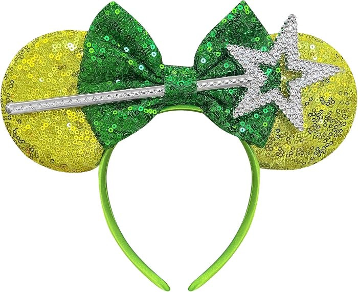 Cute Mouse Ears Headband for Women Sequin Green Bows Park Ears Fairy Halloween Costume | Amazon (US)