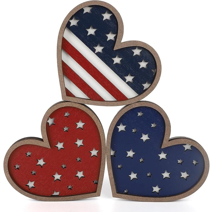 Vintage 4th of July Decorations Wooden Hearts Set of 3, Wood Heart Blocks Memorial Day Tiered Tra... | Amazon (US)