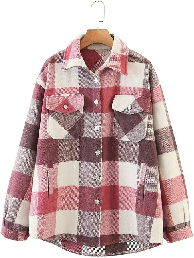 Womens Casual Flannel Wool Blend Plaid Lapel Button Down Long Sleeve Shacket Jacket Coat Winter L... | Amazon (US)