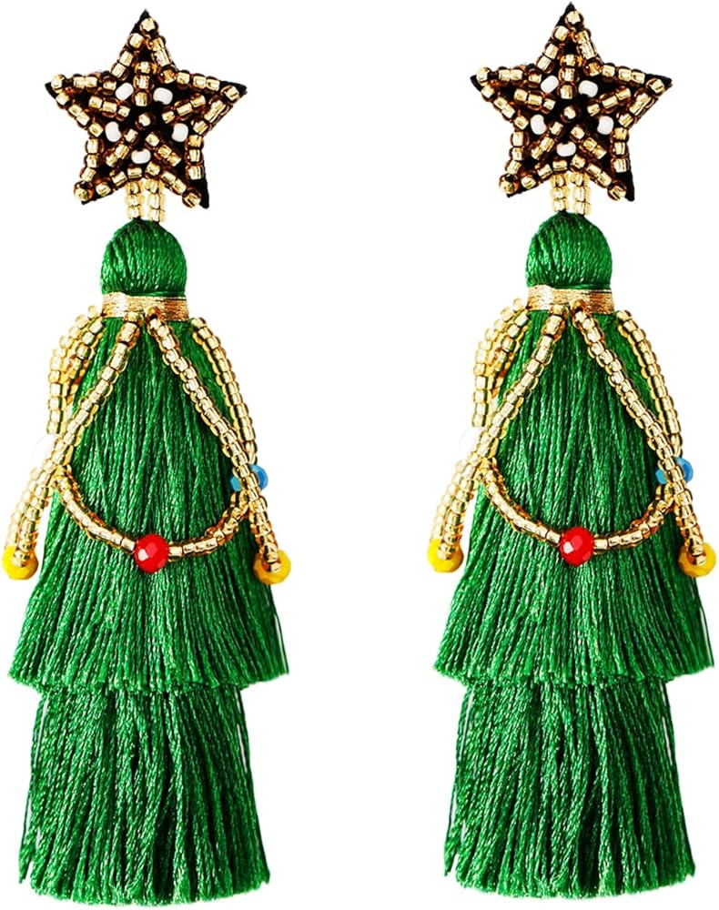 Christmas Earrings for Women Green Christmas Tree Drop Dangling Tassel Boho Winter Earrings for G... | Amazon (US)