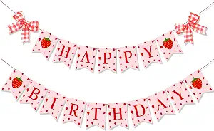 2pcs Strawberry Themed Happy Birthday Banner Pre-Assembled Pink Red Bunting with Gingham Bows for... | Amazon (US)
