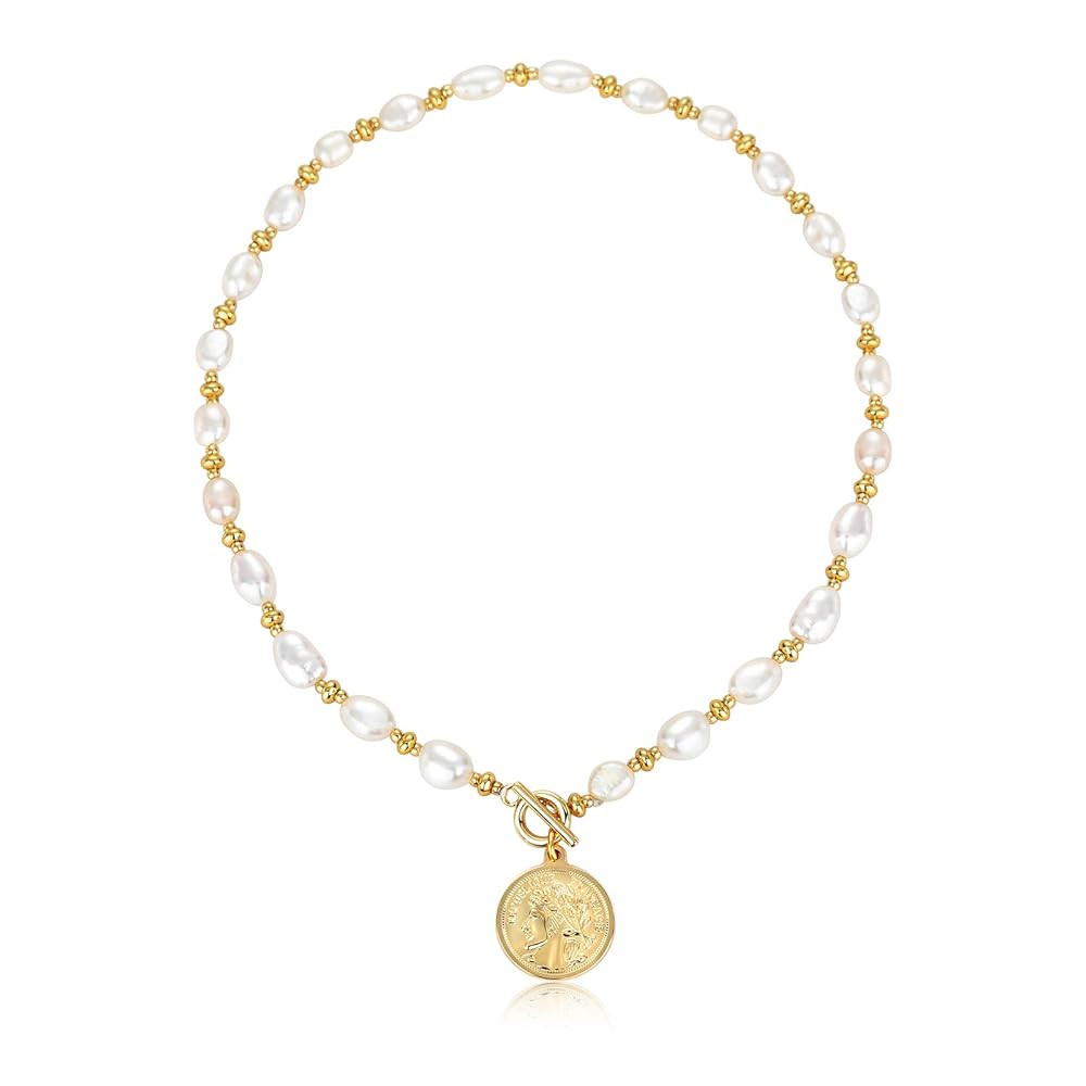 Y2K Pearl Choker Necklace Baroque Cultured Handpicked Pearl 18K Gold Plated Bead Ball Chain Coin ... | Amazon (US)