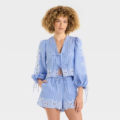 Women's Long Sleeve Eyelet Tie-Front Poplin Blouse - Future Collective | Target