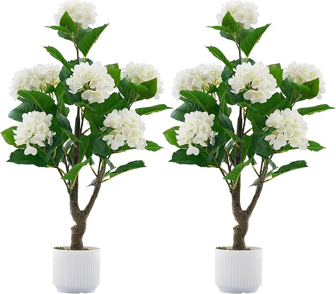 Artificial Hydrangea Tree 2 Pack, 3FT Faux Hydrangea Plant in Pot with White Flowers, Greenery Po... | Amazon (US)