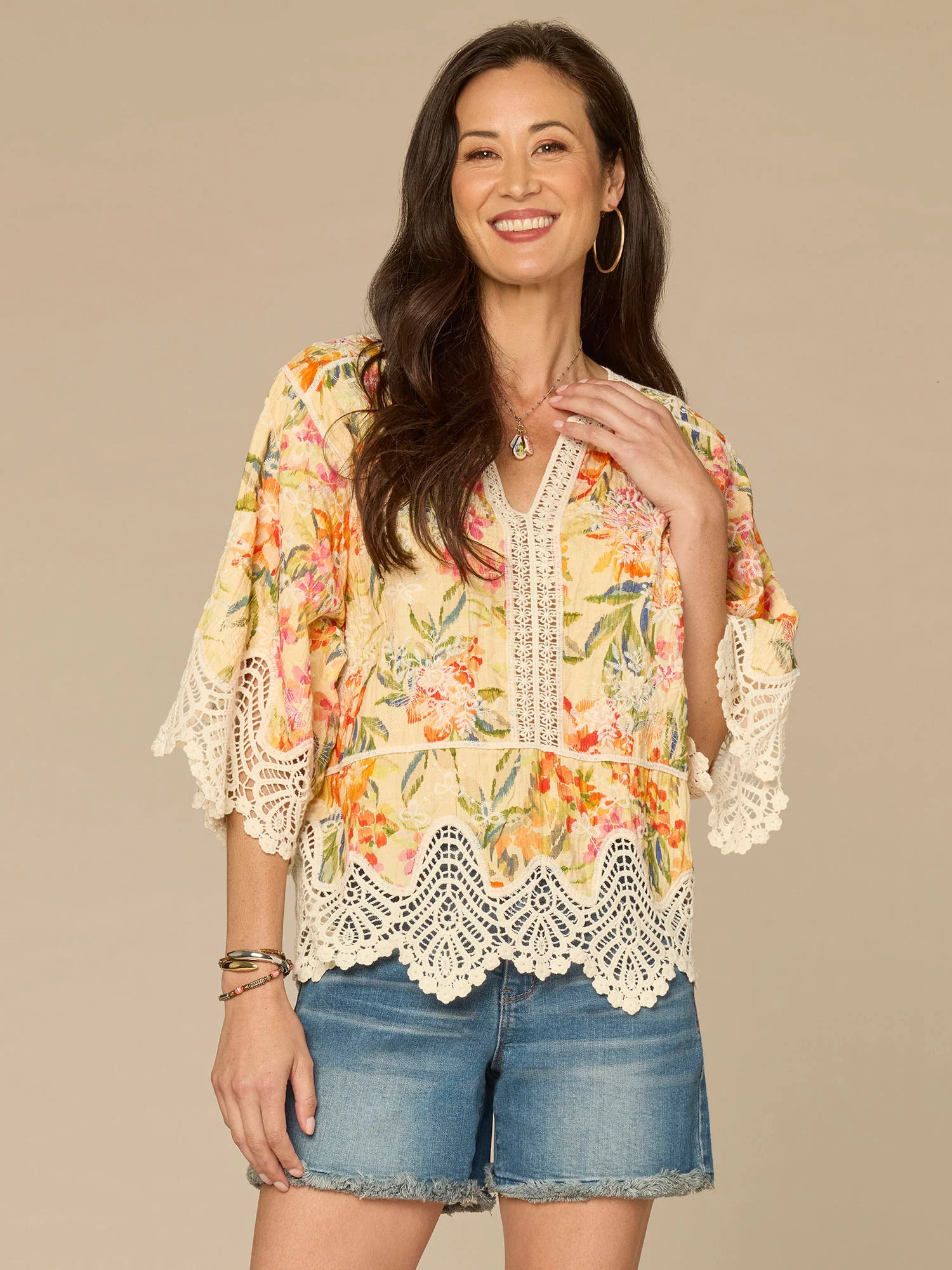 Below Elbow Sleeve V-Notch Neck Scallop Edge Peplum Hem Woven Top | Democracy Clothing