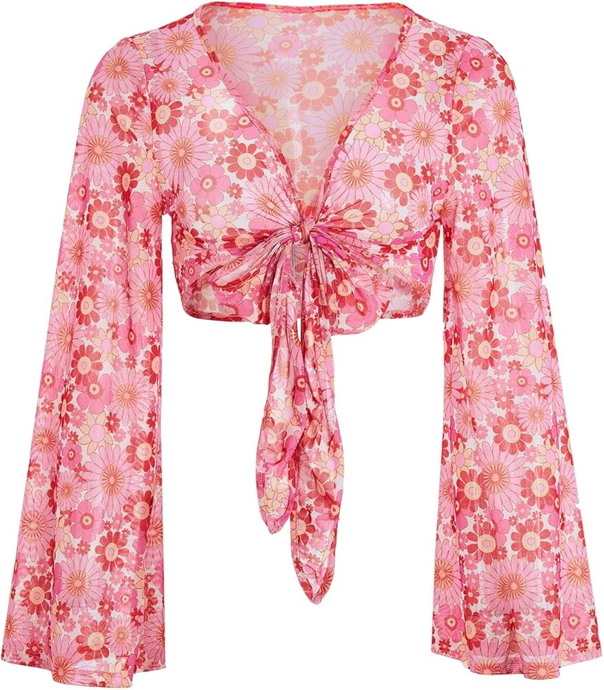 Verdusa Women's Boho 70s Tops Tie Front Bell Long Sleeve Floral Print Mesh Sheer Blouse Crop Tops | Amazon (US)