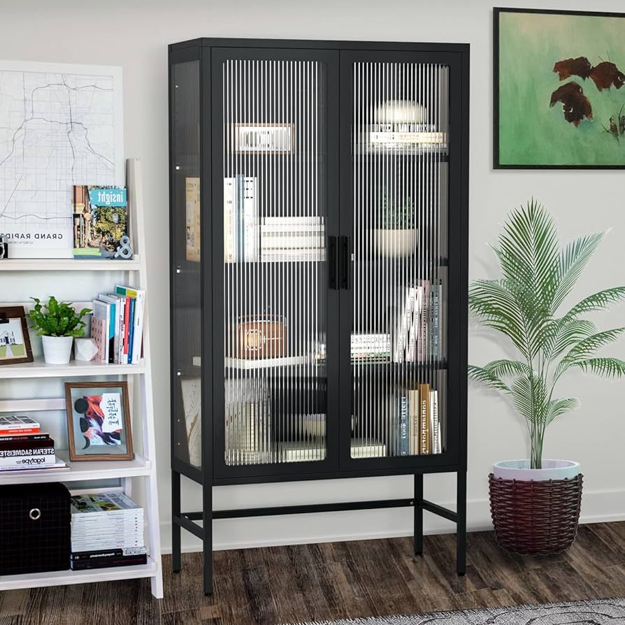 SSLine Modern Glass Metal Display Cabinet with 2 Doors Classic Black 61" Tall Home Office Cabinet... | Amazon (US)