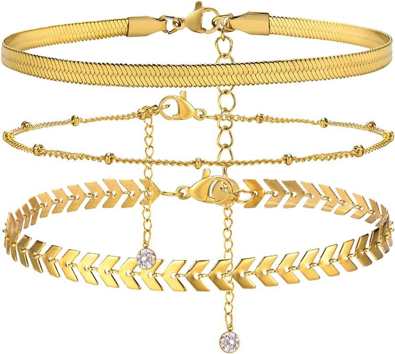 MEALGUET Women Gold Chain Anklet Bracelet : Stylish 18K Gold Plated Stainless Steel Minimalist Bo... | Amazon (US)