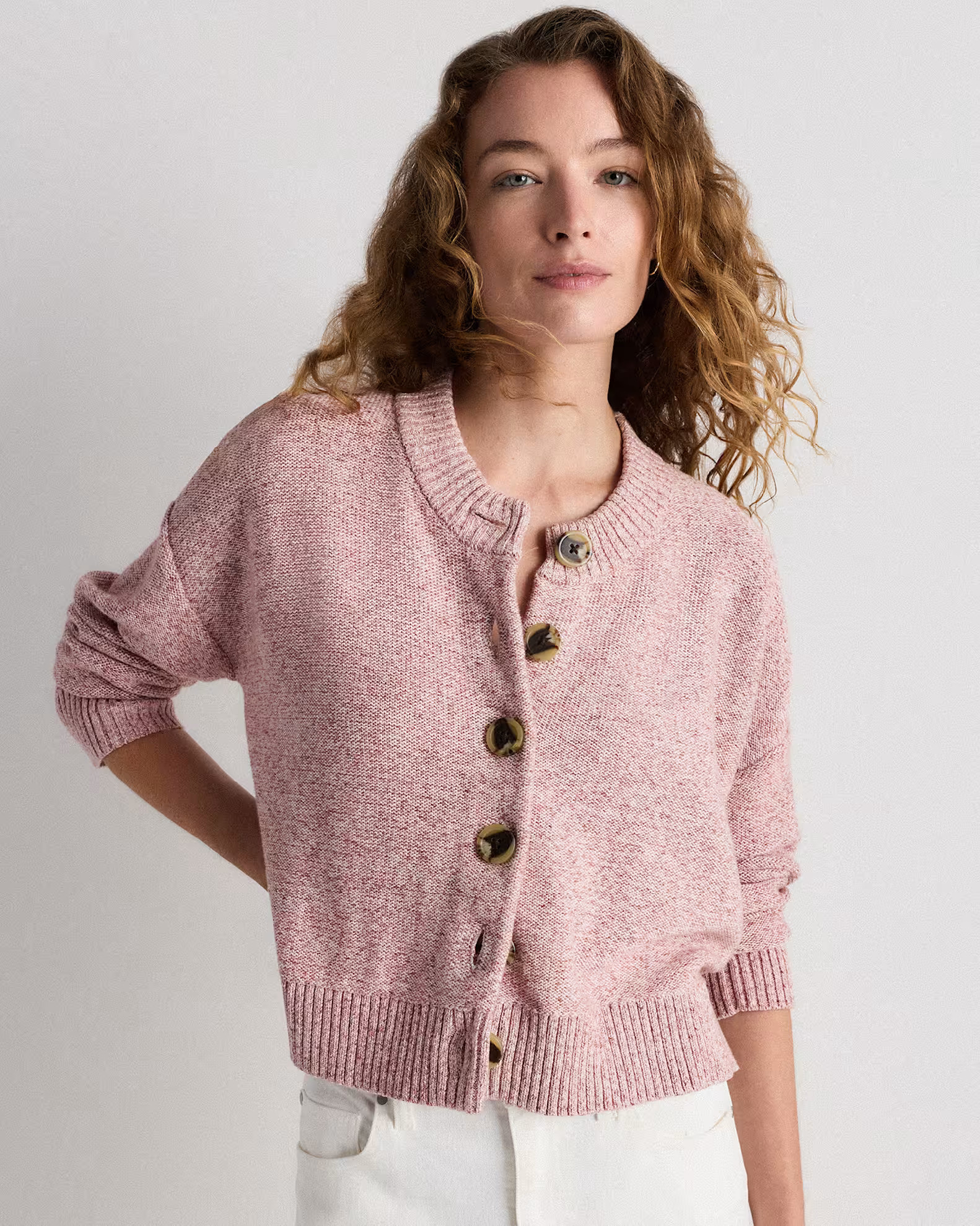 100% Organic Cotton Cropped Cardigan in Marled Rose Pink | Quince