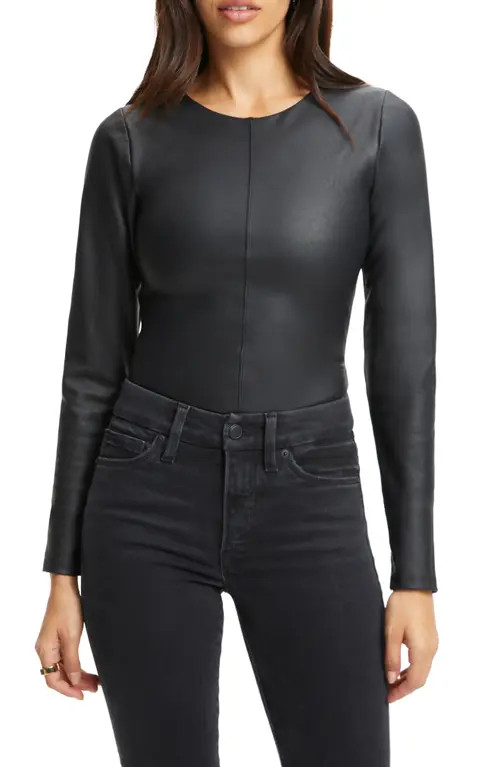 Good American Better Than Leather Faux Leather Bodysuit in Black001 at Nordstrom, Size 6 | Nordstrom