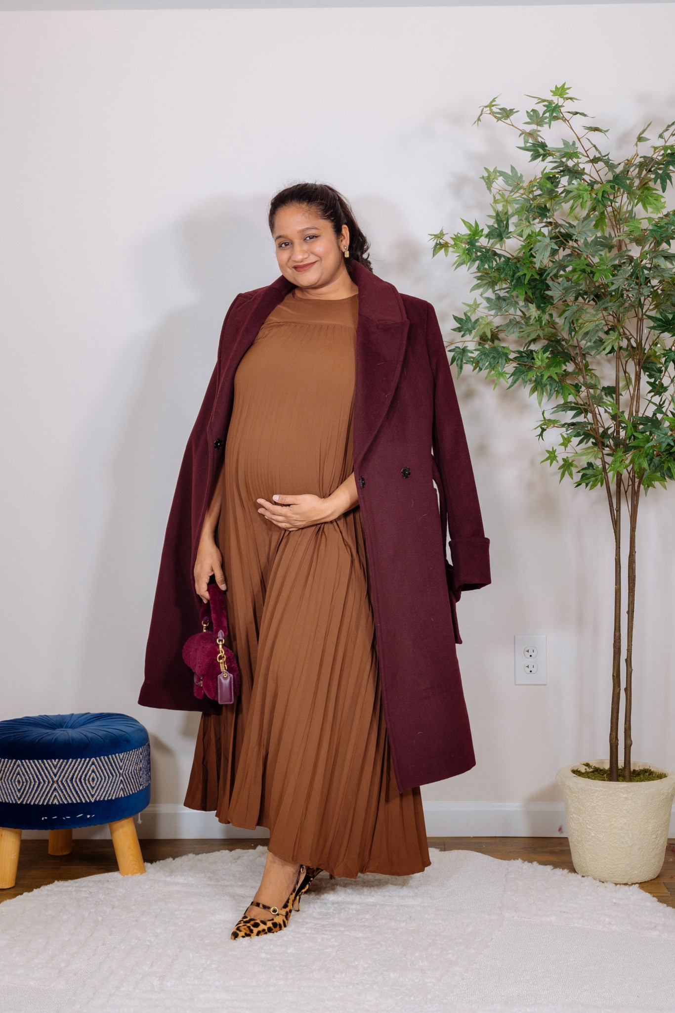 Brown pleated dress that's bump friendly and perfect for fall 

@amazonfashion pleated dress in size S (fits loose, size down)
@colehaan burgundy coat 
@coach burgundy bag 
@jcrew leopard print heels 

#LTKBump #LTKFindsUnder50 #LTKWorkwear