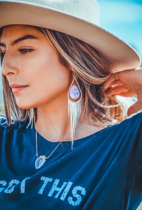 Crystal Statement Silver Fringe Earrings  Aura Quartz Gold | Etsy | Etsy (US)