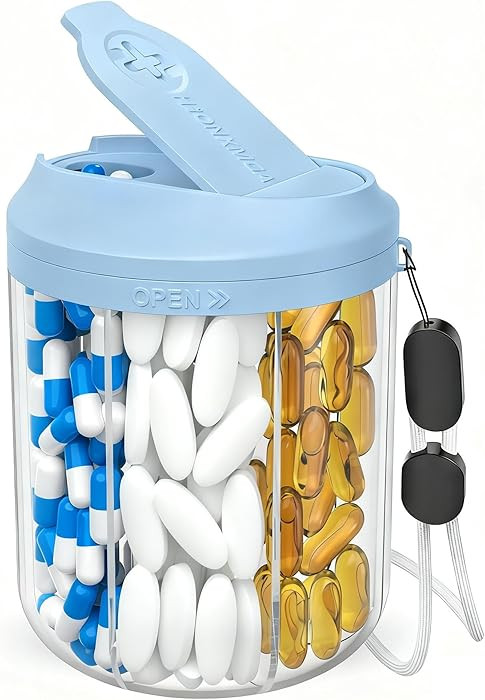 Hionxmga Pill Dispenser with 7 Large Compartments, 4.4" H x 3.6" Dia Pill Bottle Organizer for Tr... | Amazon (US)