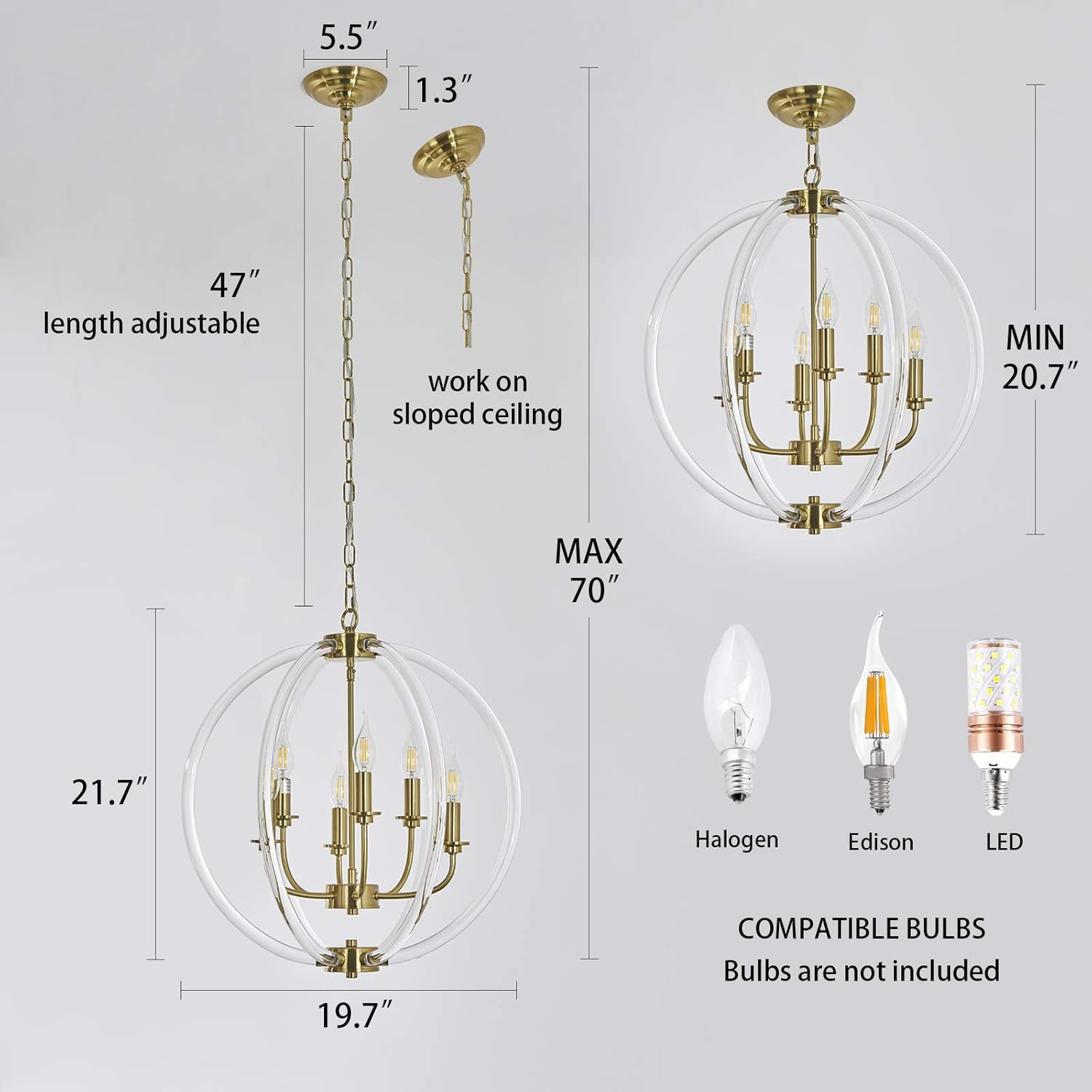6 Llight Globe Pendant Light Modern Chandelier, with Clear Acrylic Lampshades and Brass Finish, G... | Amazon (US)
