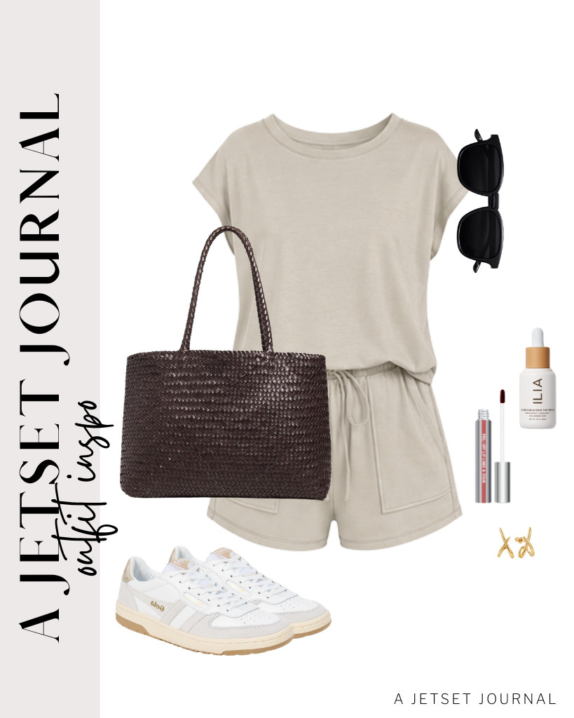 Our first outfit is a khaki AUTOMET 2-piece lounge shorts set. You can wear these Gola Hawk sneakers and pair them with this trendy Madewell leather tote to style this fit. We also love this Cilrofelr Peel Off Lip Liner Stain to finish the look!

#LTKSeasonal #LTKSaleAlert #LTKTravel
 

 