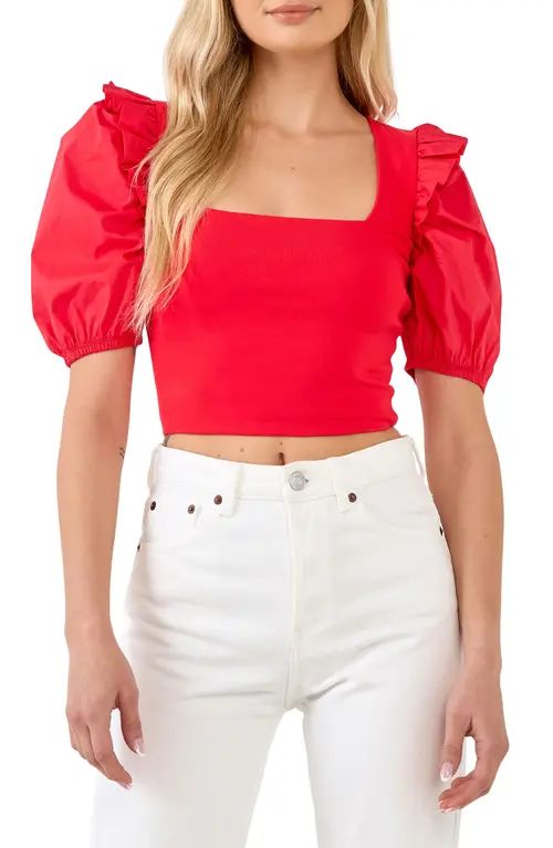 English Factory Mixed Media Puff Sleeve Crop Top in Red at Nordstrom, Size Medium | Nordstrom