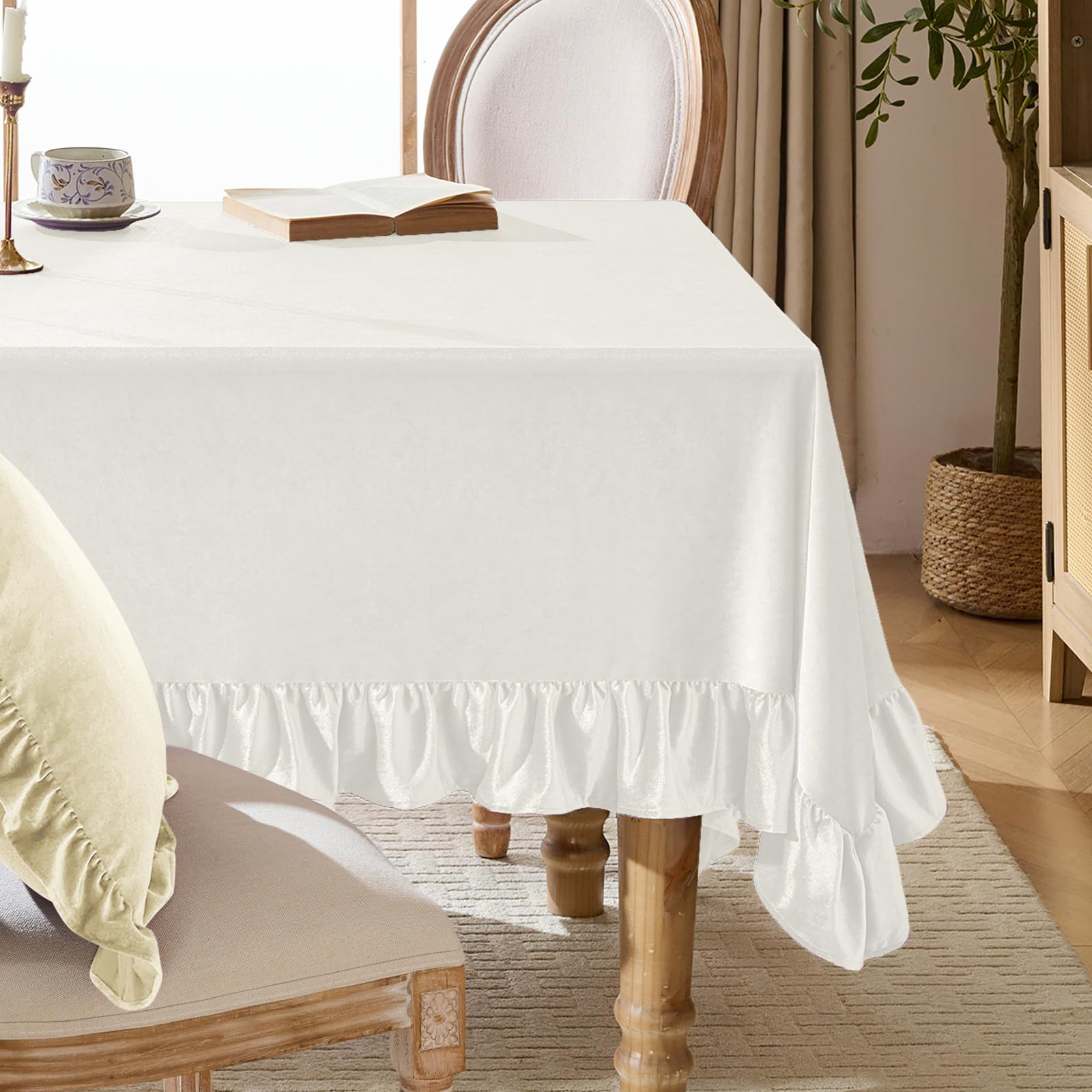 KKJIAF Ivory Velvet Tablecloth 60 x 120 Inch, Retro Farmhouse Ruffle Oblong Tablecloth Washable T... | Amazon (US)