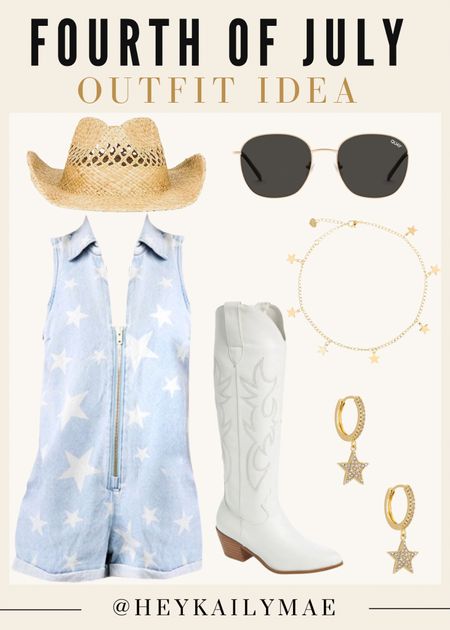 Fourth of July outfit idea! 🇺🇸⭐️❤️🤍💙 | 4th of July outfit, Fourth of July outfit for women, 4th of July outfit inspo, outfit inspo, patriotic wear, patriotic outfits, summer outfits, Fourth of July looks, star romper, cowboy hat, sunglasses, star jewelry, cowgirl boots, Memorial Day outfit, redwhiteblue. 

#LTKstyletip #LTKSeasonal #LTKshoecrush