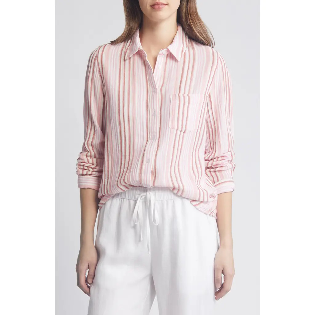 caslon(r) Casual Gauze Button-Up Shirt in Ivory Cloud- Pink F Vera Stp at Nordstrom, Size Large | Nordstrom