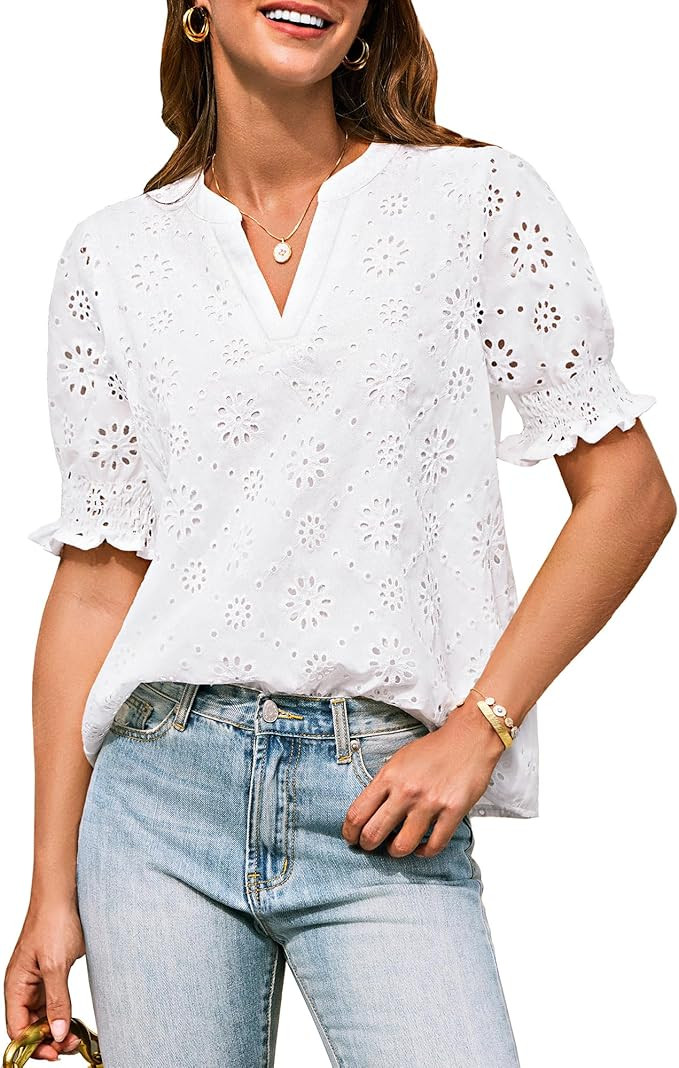 GRACE KARIN Women's Summer Tops Puff Short Sleeve V Neck Blouses Hollow Out Lace Embroidered Blou... | Amazon (US)