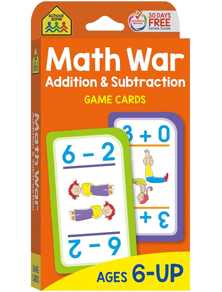 School Zone Math War Addition & Subtraction Game Cards: 56 Cards, Kindergarten, 1st Grade, 2nd Gr... | Amazon (US)