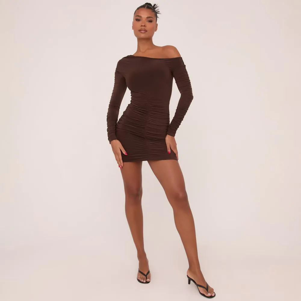 Long Sleeve Slash Neck Double Layer Ruched Mini Bodycon Dress In Chocolate Brown Slinky | EGO (UK)