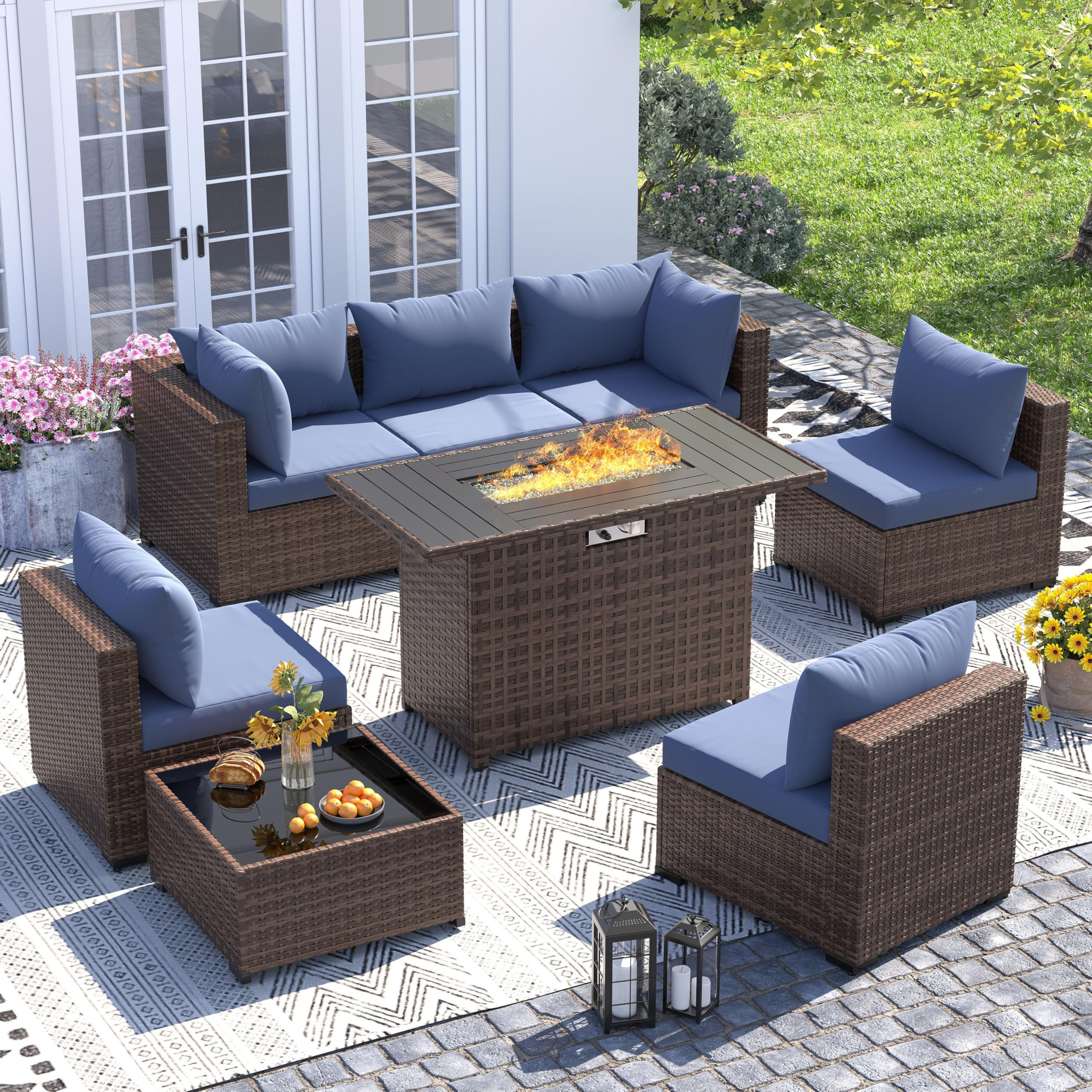 UDPATIO Furniture Set with Fire Pit Table, 8 Piece Sectional Sofas, All-Weather Wicker Conversati... | Amazon (US)