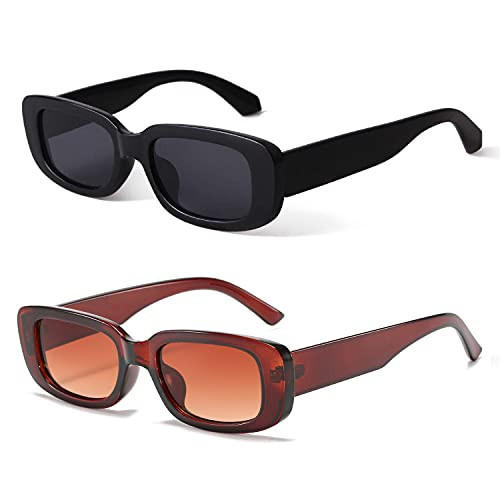 BUTABY Rectangle Sunglasses for Women Retro Driving Glasses 90’s Vintage Fashion Narrow Square Frame UV400 Protection Black & Brown | Amazon (US)