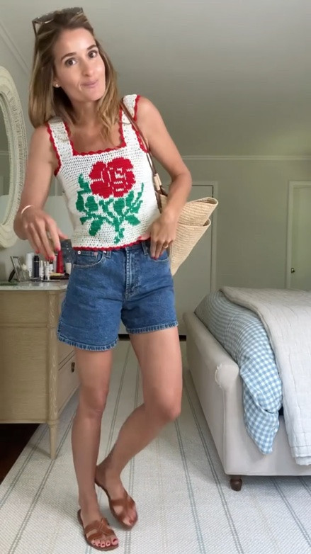 Catching up on sharing some outfits!! 

Adding in texture and fun prints are always a good way to create a fun outfit - especially during a heat wave! I love pairing jean shorts (these are $28 and just restocked today) with a more feminine blouse or fun textured top so my outfit says light and cool without feeling boring. Finished with my most comfortable sandals and go to summer bag. 

Shorts: wearing a size 4 (tts), shoes: wearing a 37 (tts), tank: wearing an XS. Bag is old sezane - it's the Paloma if you want to look a resale sites! 

@Target @lofflerrandall